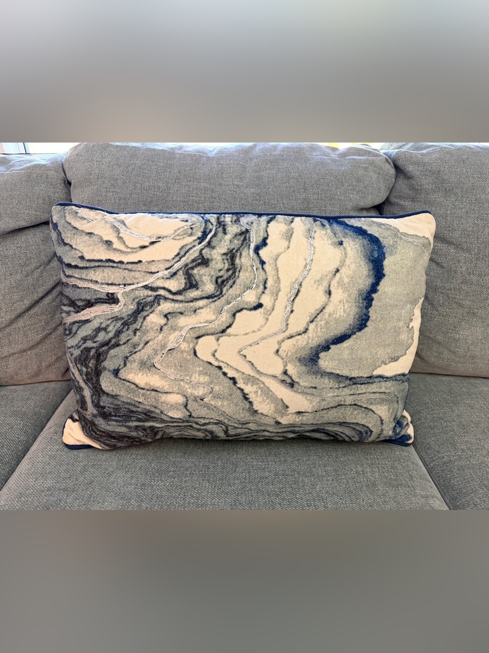 World Market Navy Blue Marbled Velvet Lumbar Pillow 24x16